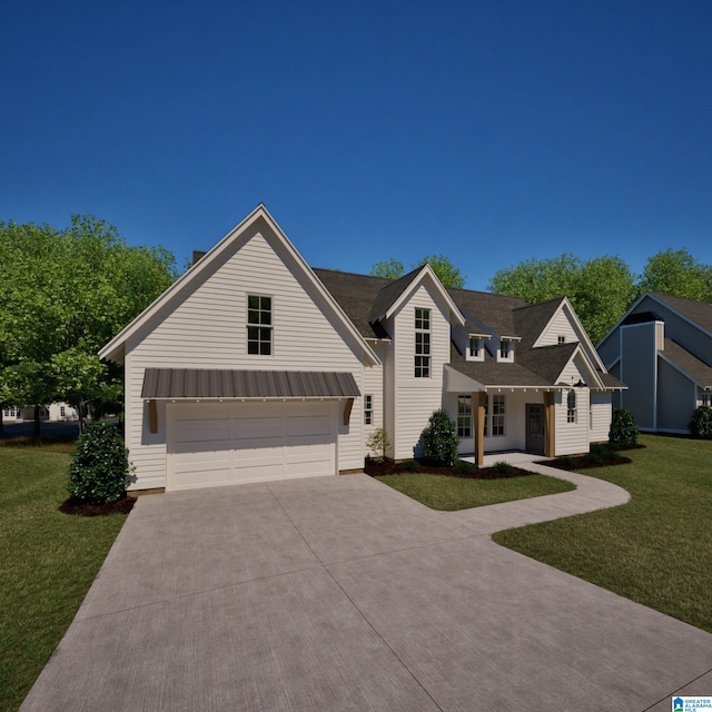 view of front of property with a front yard and a garage