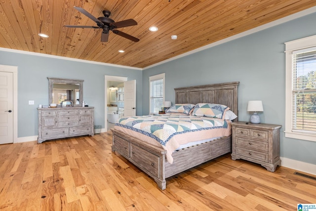 bedroom with wood ceiling, light hardwood / wood-style flooring, ornamental molding, ensuite bathroom, and ceiling fan