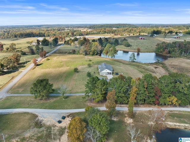 drone / aerial view with a water view and a rural view