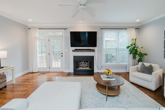 living room with ceiling fan, a wealth of natural light, and hardwood / wood-style floors