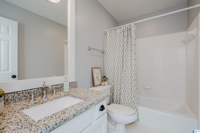 full bathroom featuring toilet, vanity, shower / bath combination with curtain, and tile patterned flooring