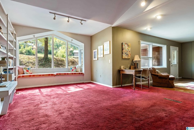 living area with lofted ceiling, carpet flooring, and rail lighting