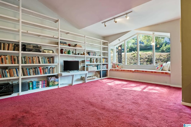 unfurnished room featuring rail lighting, carpet, and vaulted ceiling