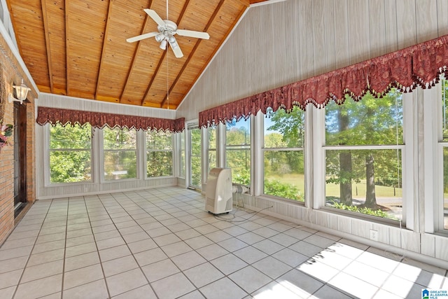 unfurnished sunroom featuring lofted ceiling, a healthy amount of sunlight, wooden ceiling, and ceiling fan