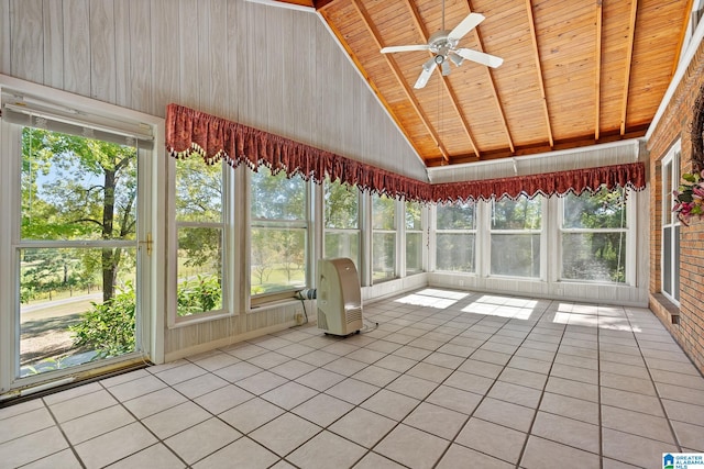 unfurnished sunroom featuring lofted ceiling with skylight, wooden ceiling, and ceiling fan