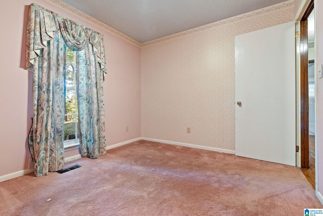 carpeted spare room with ornamental molding and a textured ceiling