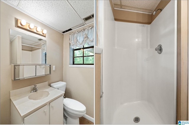 bathroom featuring vanity, toilet, and walk in shower