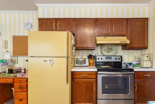 kitchen featuring white fridge, crown molding, and stainless steel electric range oven