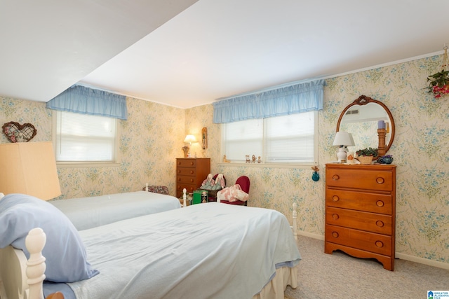 bedroom with light colored carpet