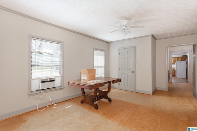 office area featuring crown molding, cooling unit, and ceiling fan