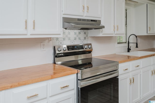 kitchen featuring white cabinetry, sink, tasteful backsplash, stainless steel electric range, and exhaust hood