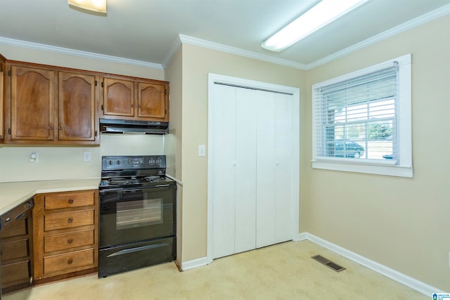 kitchen featuring black / electric stove and crown molding