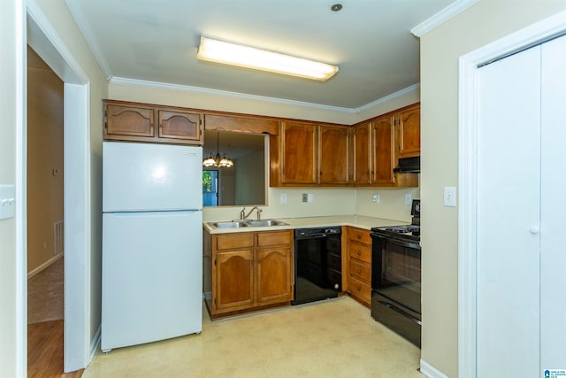 kitchen with black appliances, sink, decorative light fixtures, crown molding, and extractor fan