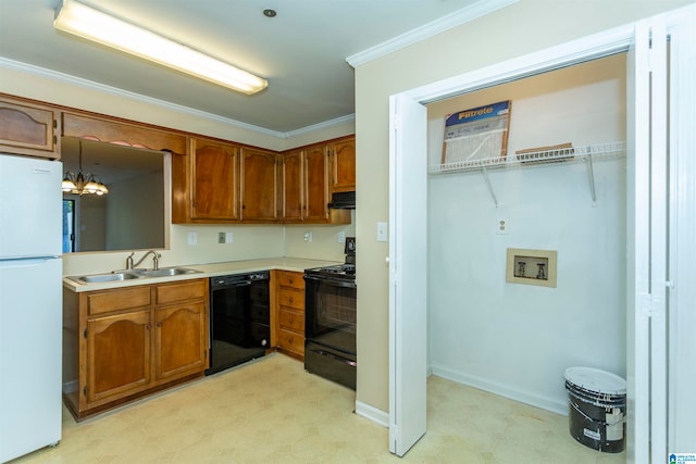 kitchen featuring black appliances, sink, ornamental molding, decorative light fixtures, and extractor fan