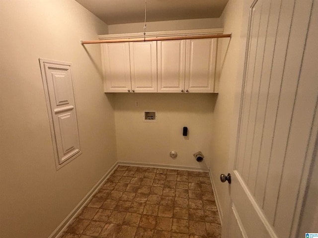 washroom featuring gas dryer hookup, cabinets, hookup for a washing machine, and electric dryer hookup