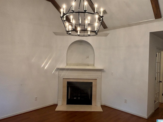 interior details with hardwood / wood-style floors, beam ceiling, and an inviting chandelier