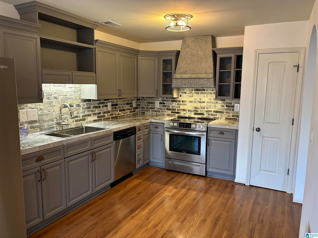 kitchen with dark wood-type flooring, sink, custom exhaust hood, and appliances with stainless steel finishes