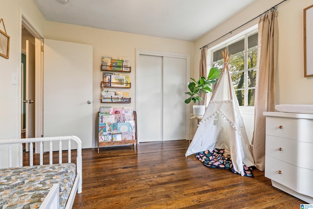 bedroom featuring dark wood-type flooring and a closet