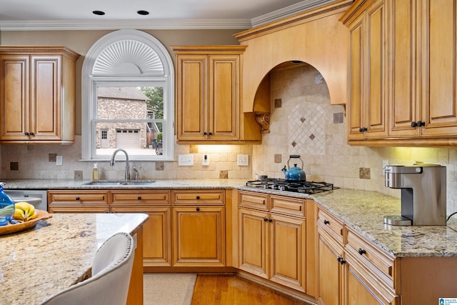 kitchen with appliances with stainless steel finishes, sink, ornamental molding, light hardwood / wood-style floors, and decorative backsplash