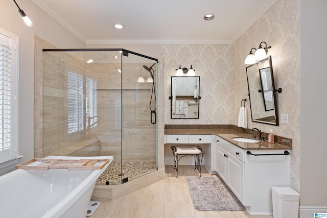 bathroom with vanity, shower with separate bathtub, and ornamental molding