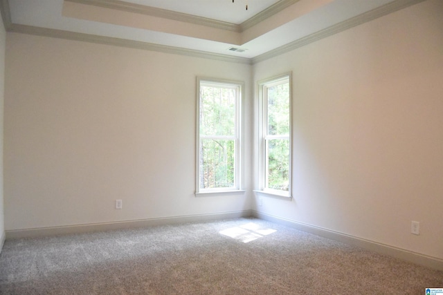 carpeted spare room with a tray ceiling, baseboards, visible vents, and ornamental molding