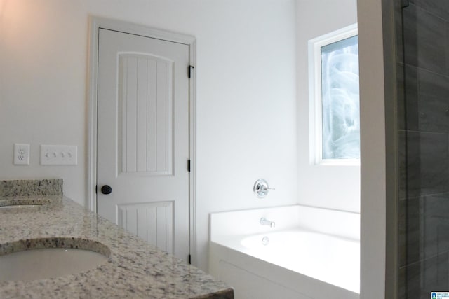 bathroom featuring a sink, a garden tub, and double vanity