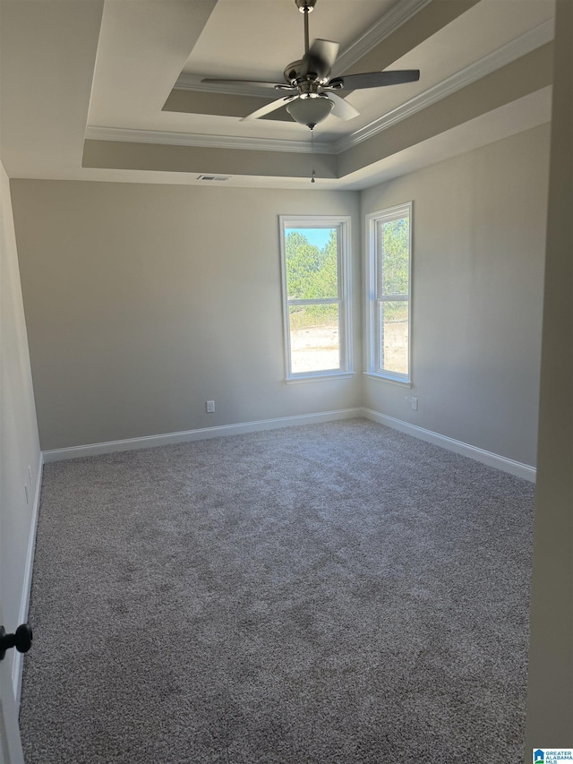 carpeted spare room with ceiling fan, baseboards, a raised ceiling, and ornamental molding