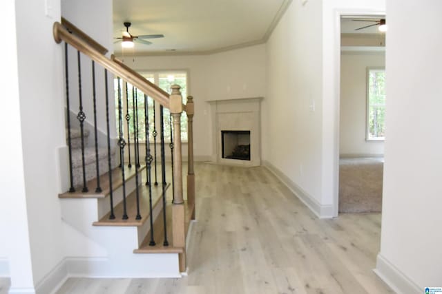 unfurnished living room with ceiling fan, wood finished floors, a high end fireplace, and crown molding