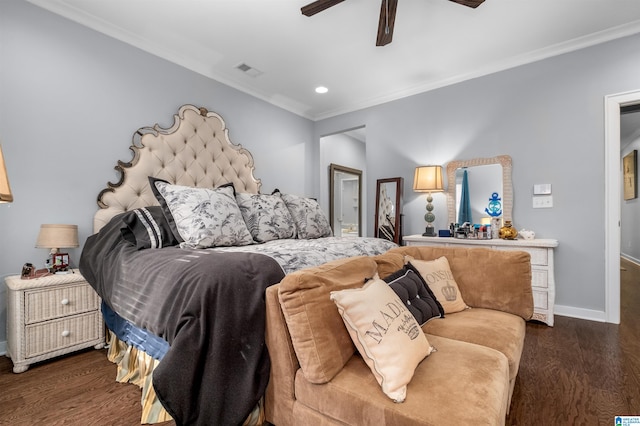 bedroom with crown molding, dark hardwood / wood-style floors, and ceiling fan