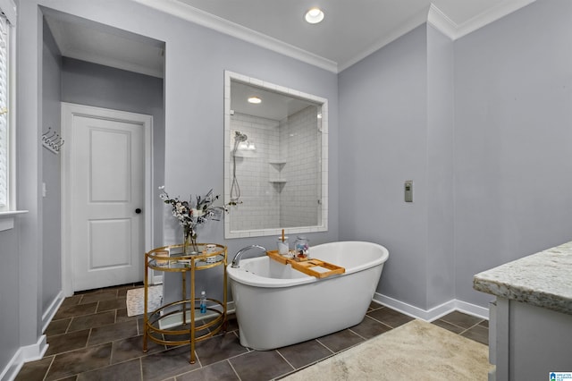 bathroom with vanity, ornamental molding, shower with separate bathtub, and tile patterned flooring