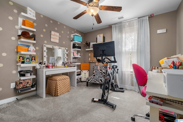 exercise area with carpet floors and ceiling fan