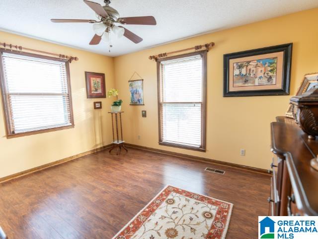 interior space featuring dark hardwood / wood-style floors, plenty of natural light, and ceiling fan