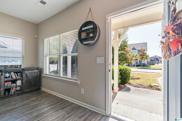 doorway to outside featuring a wealth of natural light and dark hardwood / wood-style flooring