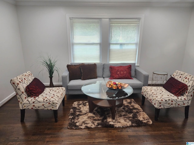 living room featuring dark wood-type flooring and crown molding