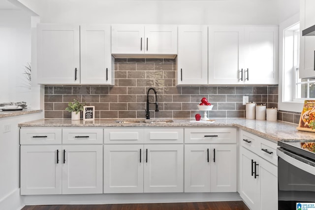 kitchen featuring sink, white cabinetry, light stone counters, and dark hardwood / wood-style flooring