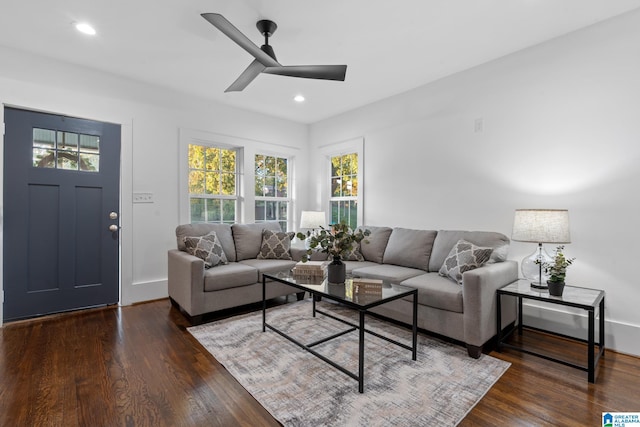 living room featuring ceiling fan and dark hardwood / wood-style floors