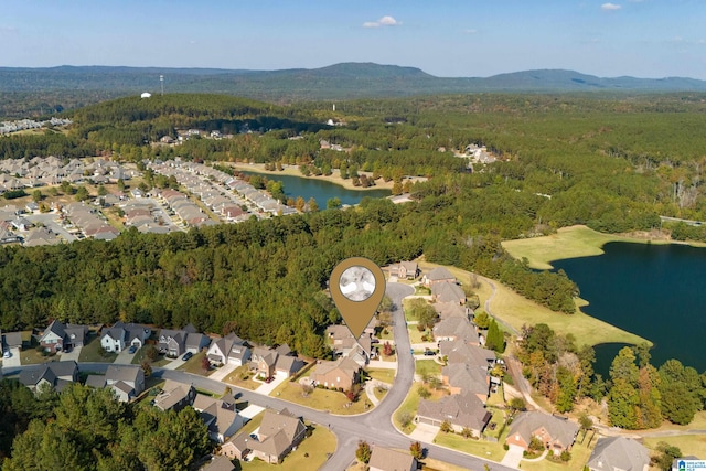 birds eye view of property with a water and mountain view