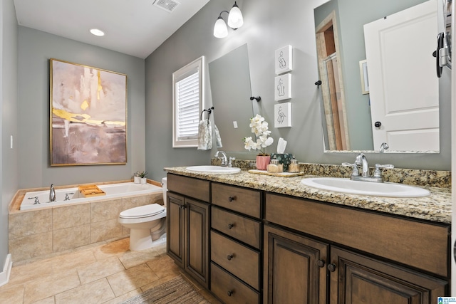 bathroom with independent shower and bath, vanity, and tile patterned flooring