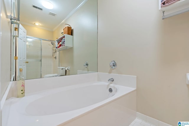 bathroom featuring crown molding, plus walk in shower, toilet, and tile patterned flooring