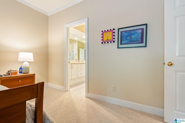 hallway featuring ornamental molding and carpet floors