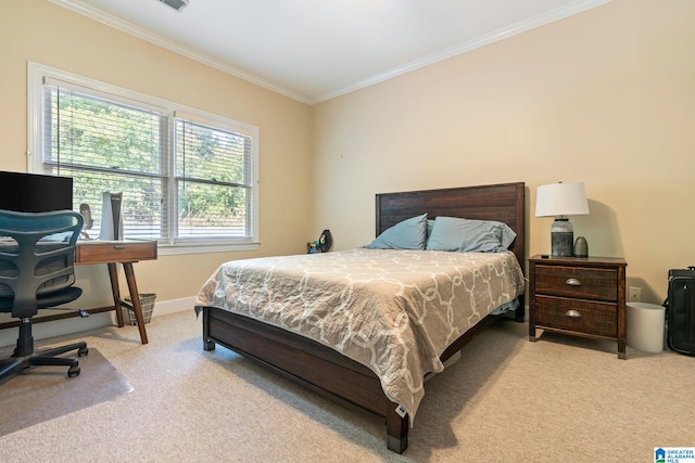 carpeted bedroom featuring multiple windows and crown molding