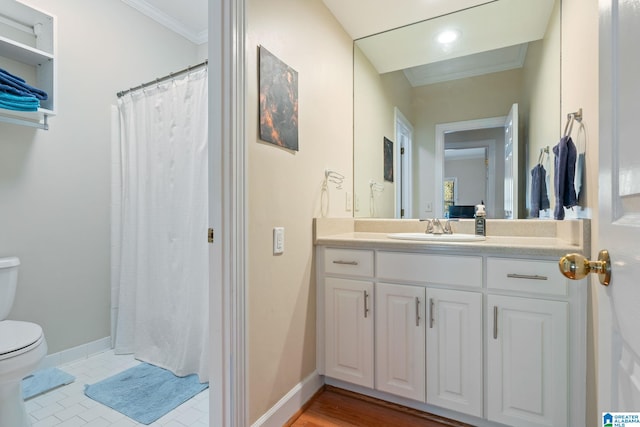 bathroom with a shower with shower curtain, toilet, tile patterned floors, vanity, and ornamental molding