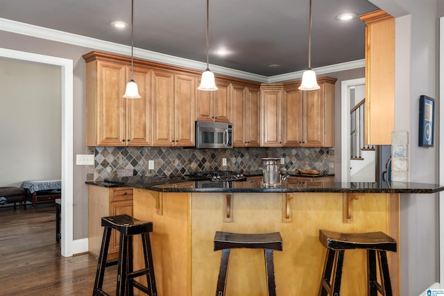 kitchen featuring pendant lighting, kitchen peninsula, stainless steel appliances, and dark hardwood / wood-style floors