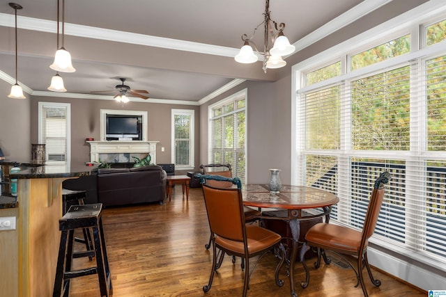 dining room featuring dark wood-type flooring, crown molding, ceiling fan with notable chandelier, and a healthy amount of sunlight