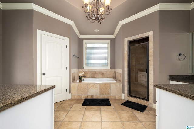 bathroom with vanity, crown molding, a notable chandelier, and plus walk in shower