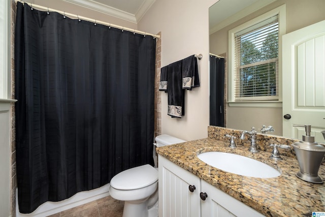 bathroom with toilet, tile patterned flooring, a shower with curtain, ornamental molding, and vanity