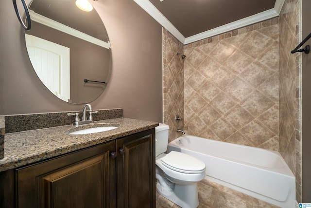 full bathroom featuring toilet, tile patterned flooring, crown molding, tiled shower / bath combo, and vanity