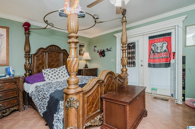 bedroom featuring crown molding, light parquet flooring, and ceiling fan