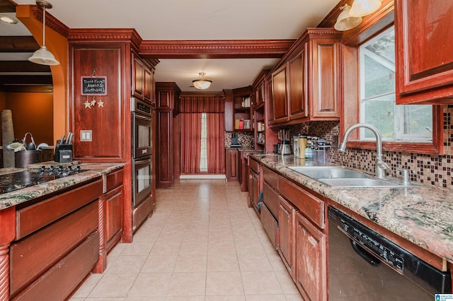 kitchen with black appliances, a sink, decorative backsplash, light tile patterned floors, and open shelves