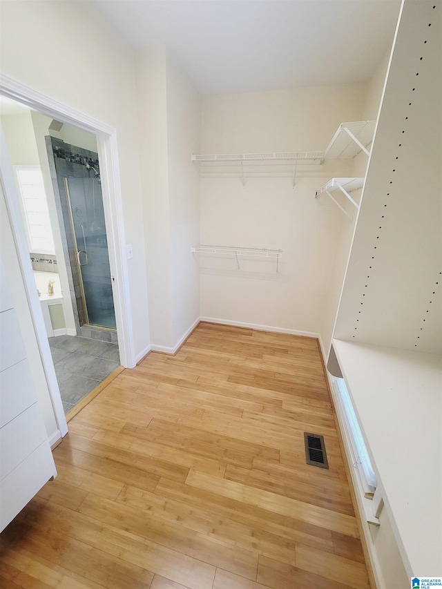 walk in closet with wood-type flooring